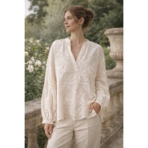 Sundance White Eyelet Cotton Boho Peasant Blouse XS Long Sleeve Scalloped Hem